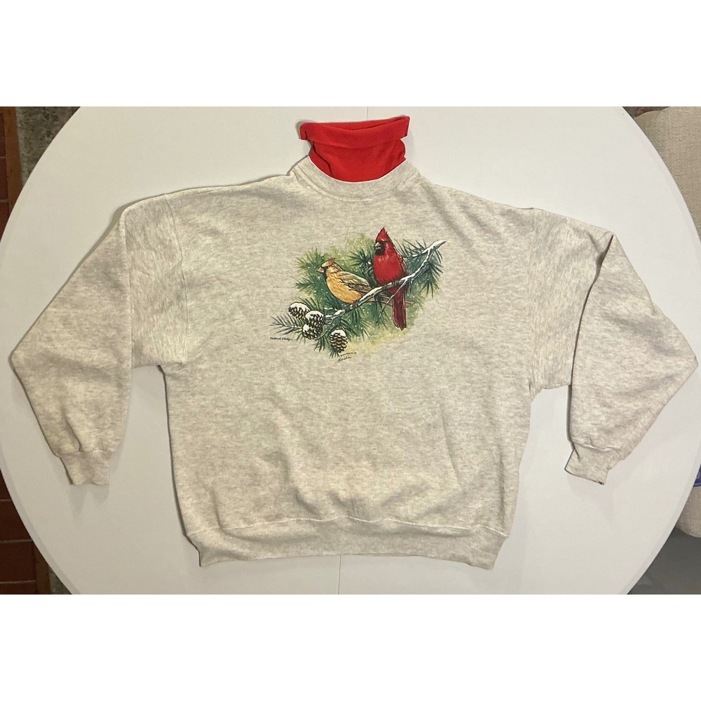 VTG USA Made Cardinal Birds Snow Sweatshirt Granny Mock Neck Winter Nature 2XL‎
